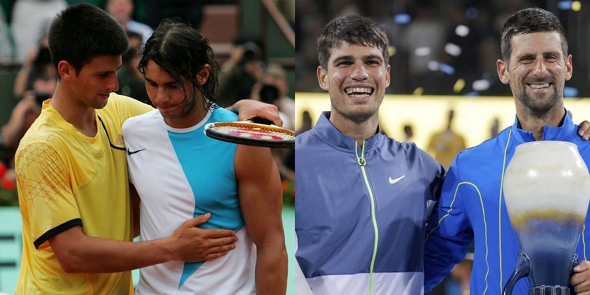 Novak Djokovic with Rafael Nadal (L) and with Carlos Alcaraz (R).
